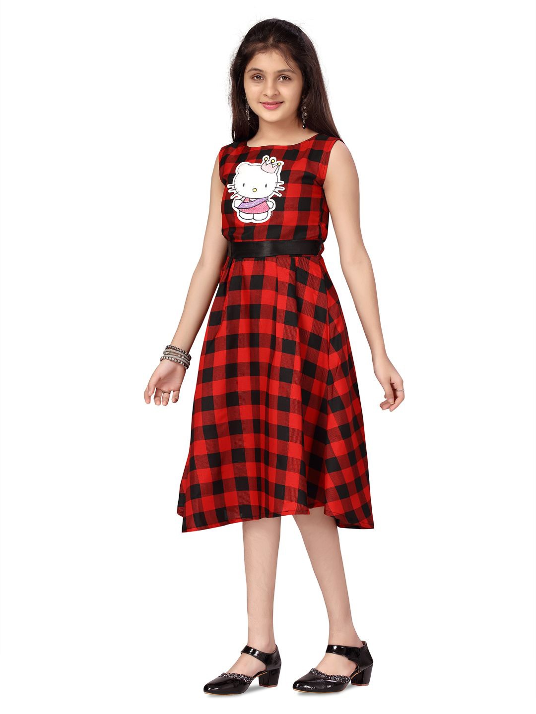 

BAESD Girls Checked Printed Fit & Flare Dress, Red
