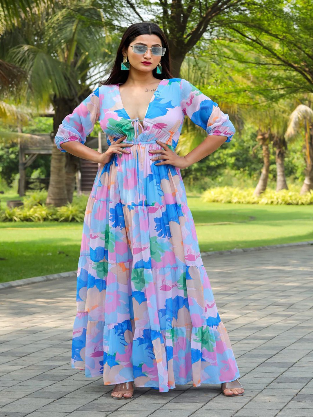 

Sadika Women Floral Printed V-Neck Ruffled Maxi Dress, Blue