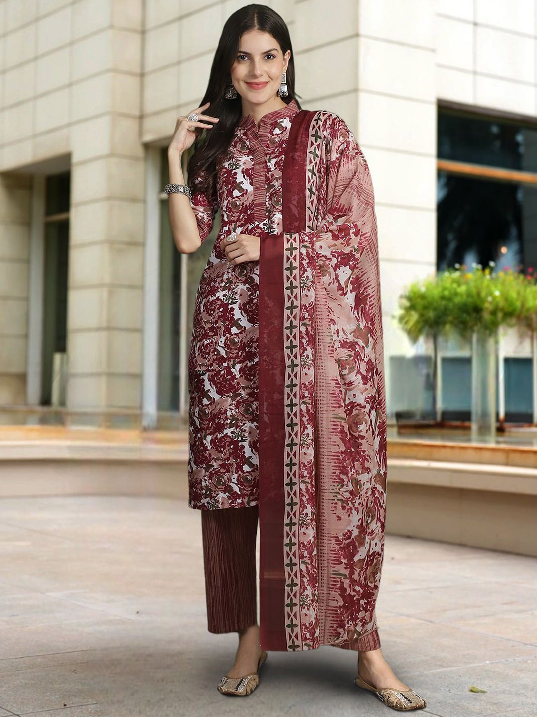 

1 Stop Fashion Floral Printed Pure Cotton Straight Kurta with Trousers & Dupatta, Maroon