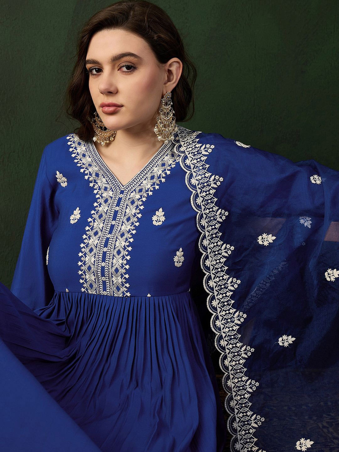 

Sangria Blue Ethnic Motifs Yoke Design Sequinned A-Line Kurta With Trouser & Dupatta