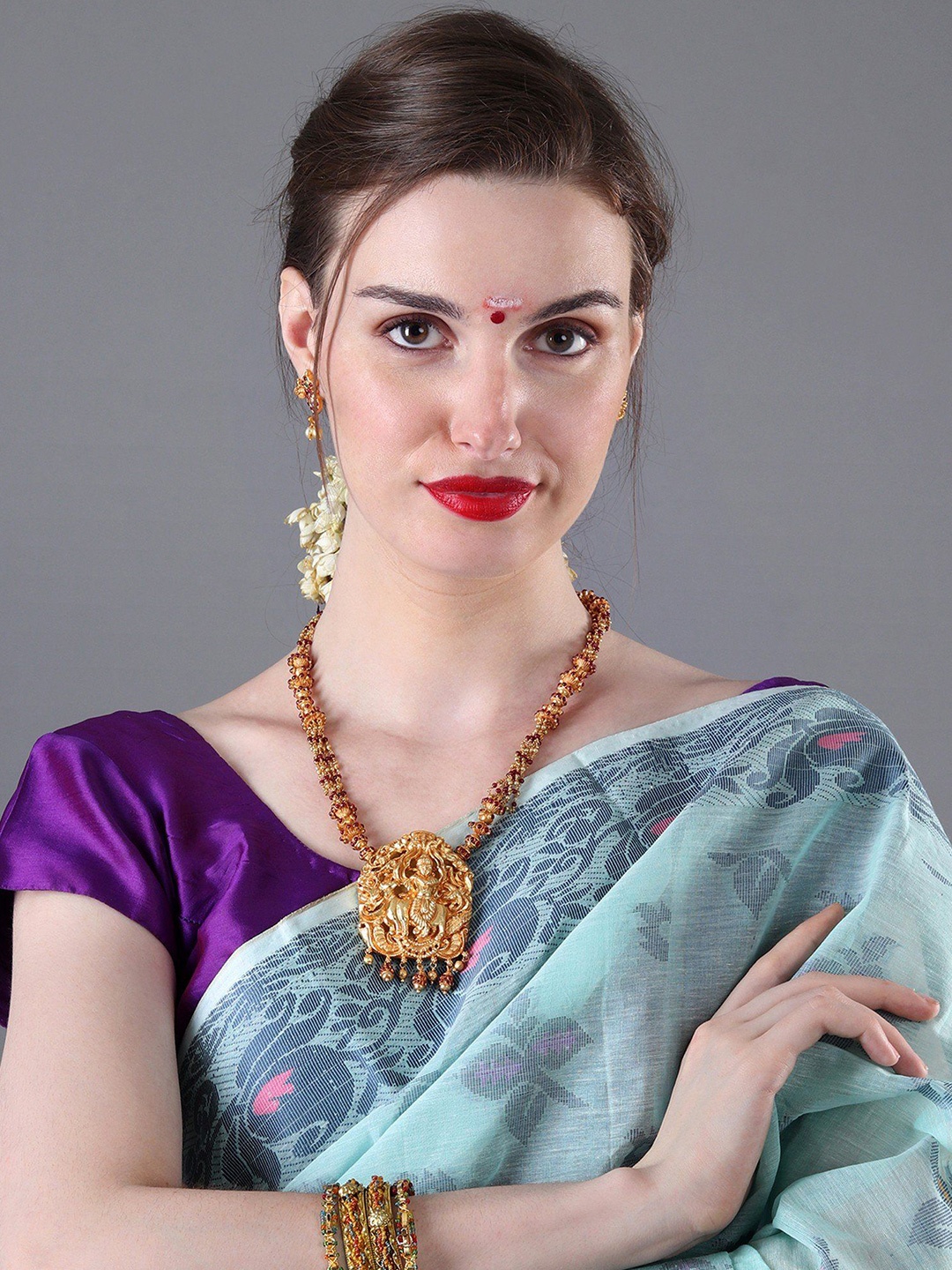

Exotic India Sterling Silver Garnet Gold Plated Temple Necklace