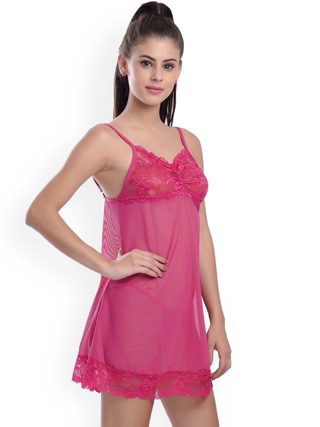 

new blue eyes Net Baby Doll with Asymmetric Hem, Pink