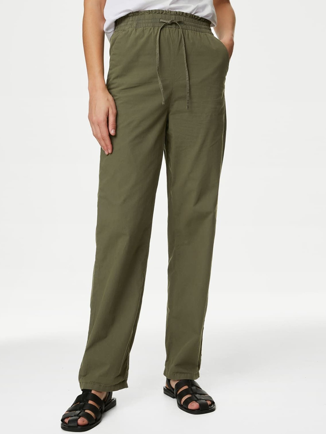 

Marks & Spencer Women Straight Fit High-Rise Cotton Trouser, Green