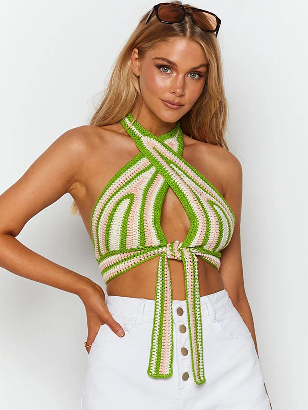 

LULU & SKY Striped Halter Neck Cotton Crop Top, Green