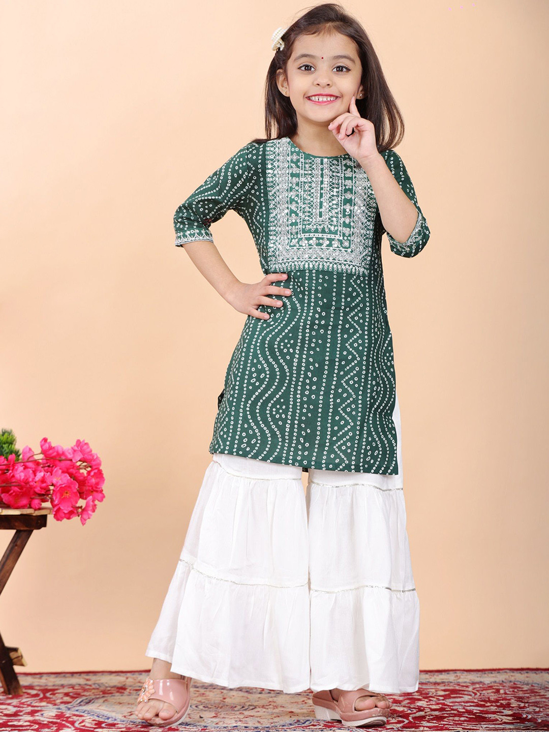 

BAESD Girls Bandhani Printed Gotta Patti Straight Kurta with Sharara, Green