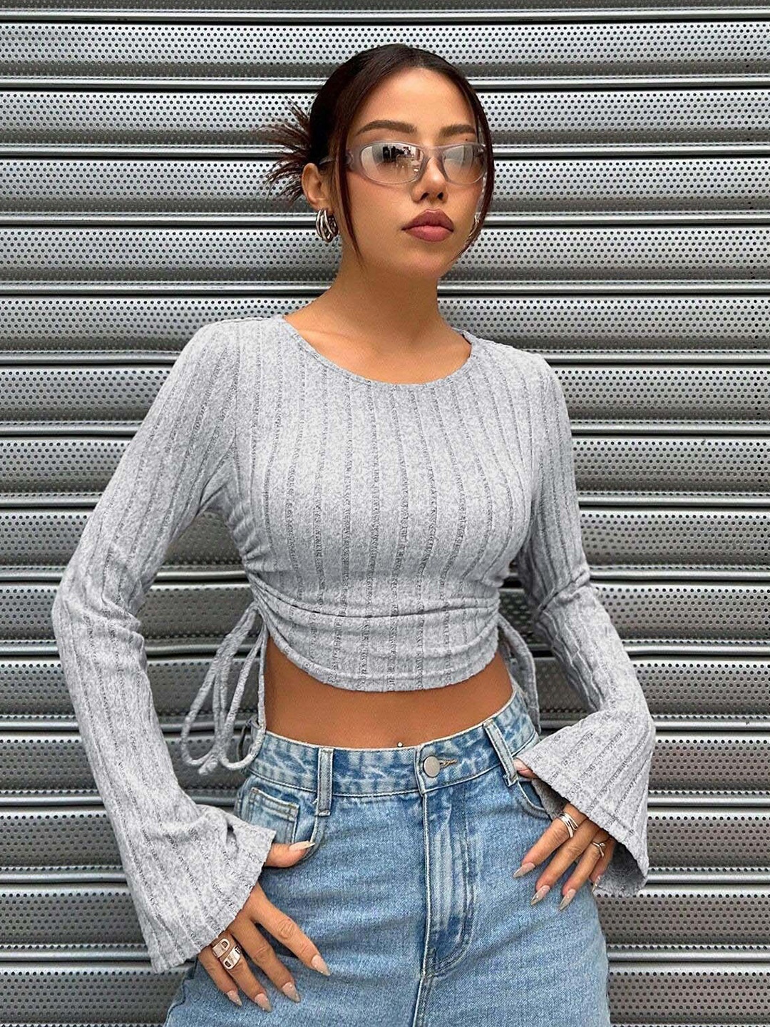 

StyleCast Striped Bell Sleeve Crop Top, Grey