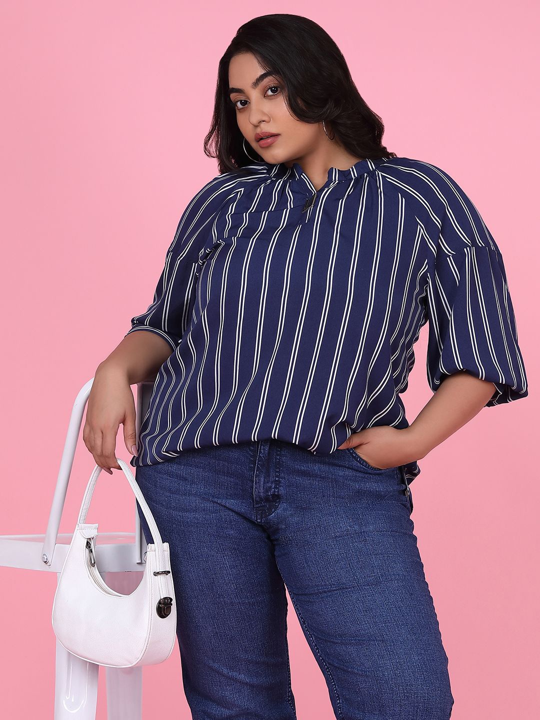 

SHOWOFF Striped Mandarin Collar Crepe Shirt Style Top, Navy blue