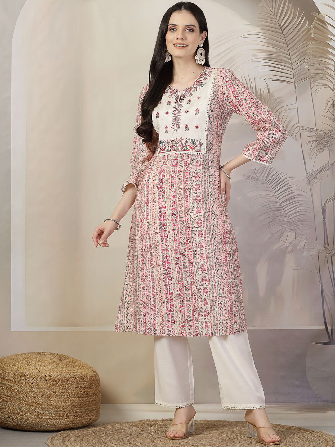 

Nayam By Lakshita Floral Printed Mirror Work Chanderi Cotton A-Line Kurta With Trouser, Pink