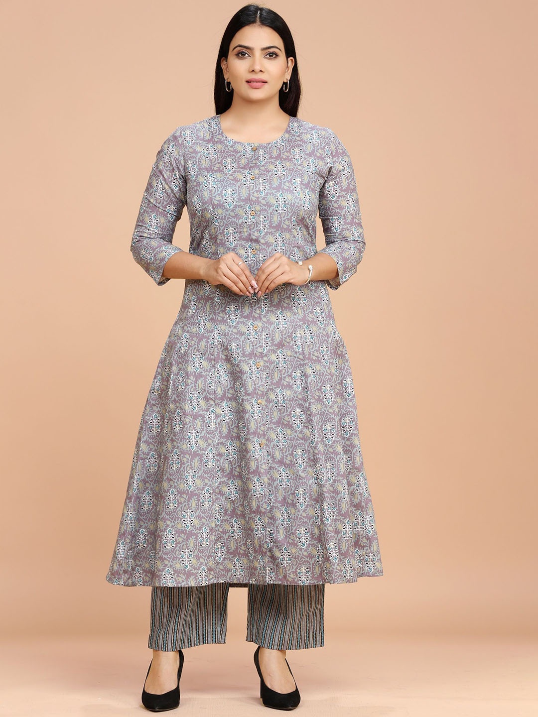 

COTTON CULTURE Floral Printed Regular Pure Cotton Kurta with Palazzos, Grey