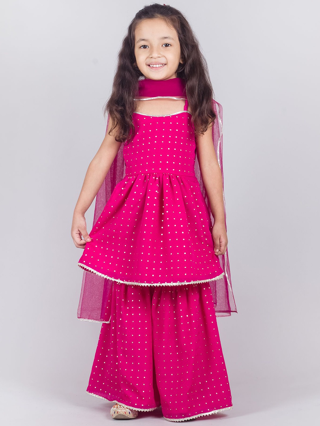 

Tangerine Closet Girls Embroidered Sequinned Anarkali Kurti & Sharara With Dupatta, Magenta
