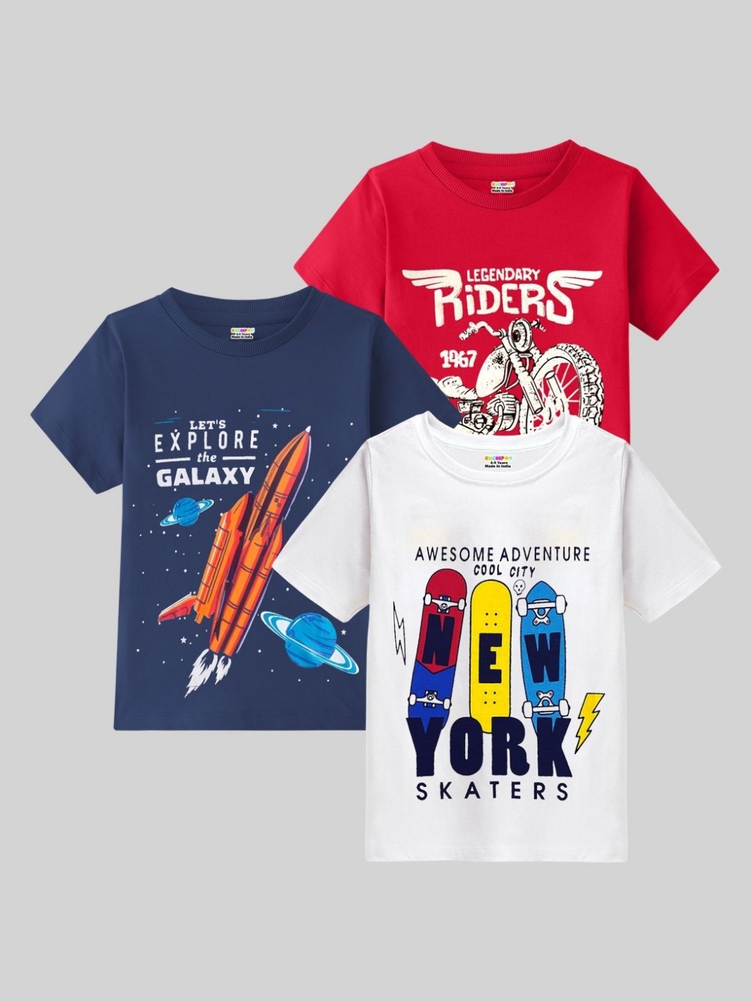 

KUCHIPOO Boys Pack Of 3 Printed Cotton T-shirts, Red
