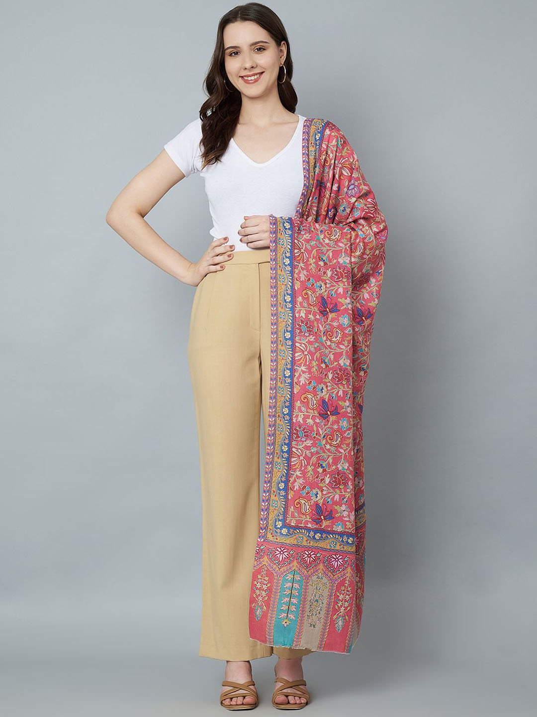 

MUFFLY Women Floral Embroidered Pure Woollen Shawl, Pink