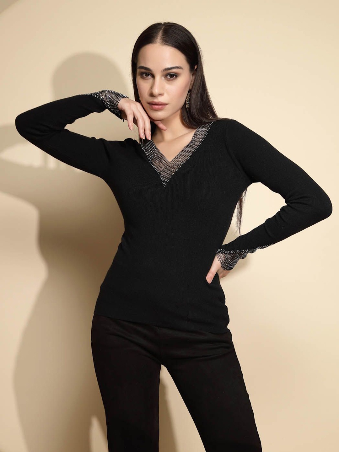 

Global Republic Women Pullover with Embellished Detail, Black