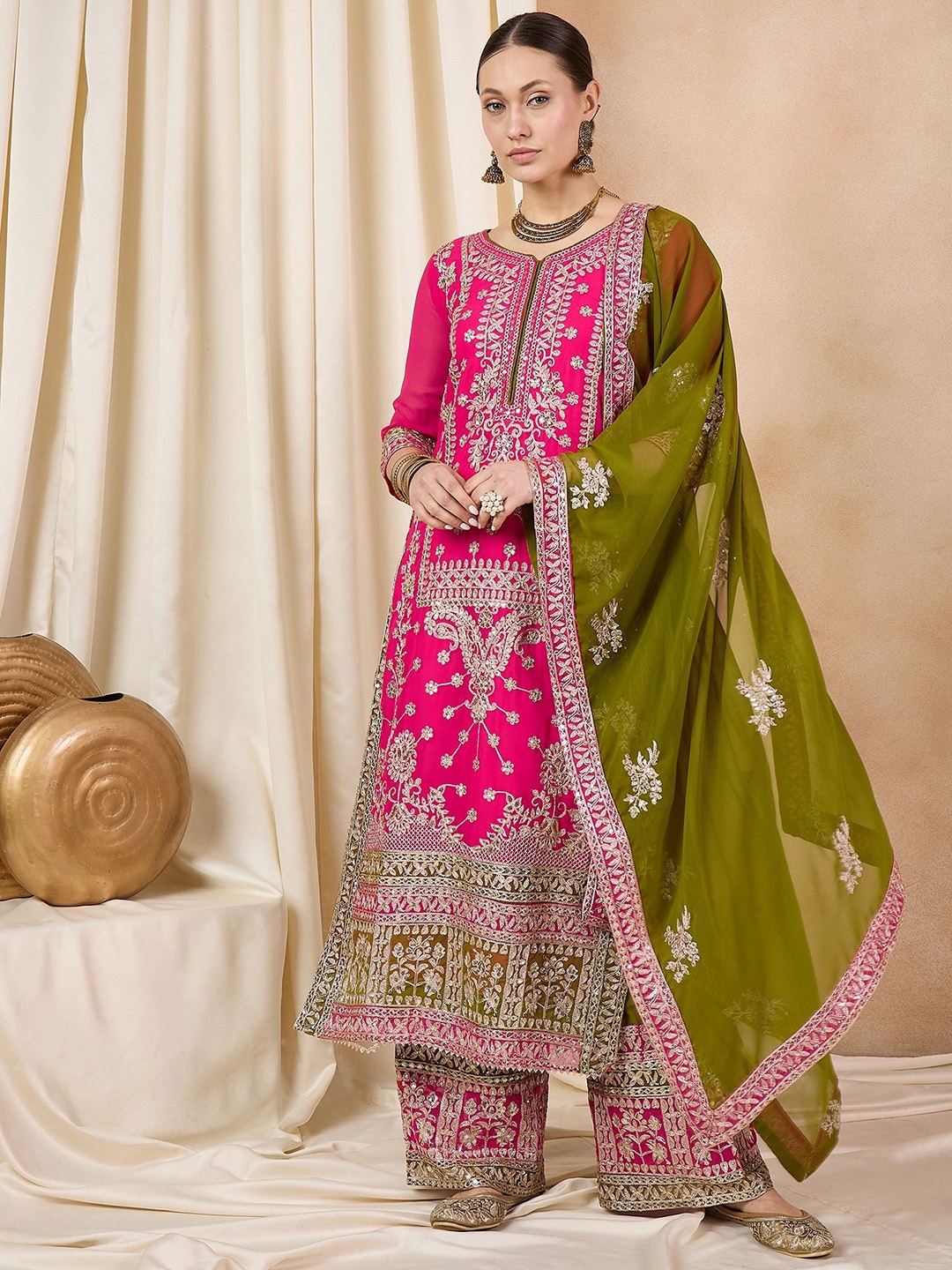 

RAJGRANTH Ethnic Motifs Embroidered Regular Sequinned Kurta with Palazzos & Dupatta, Magenta