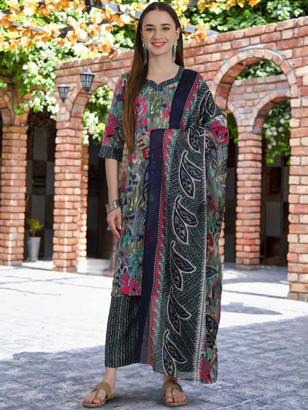 

7Threads Floral Printed Regular Pure Cotton Kurta with Trousers & Dupatta, Navy blue