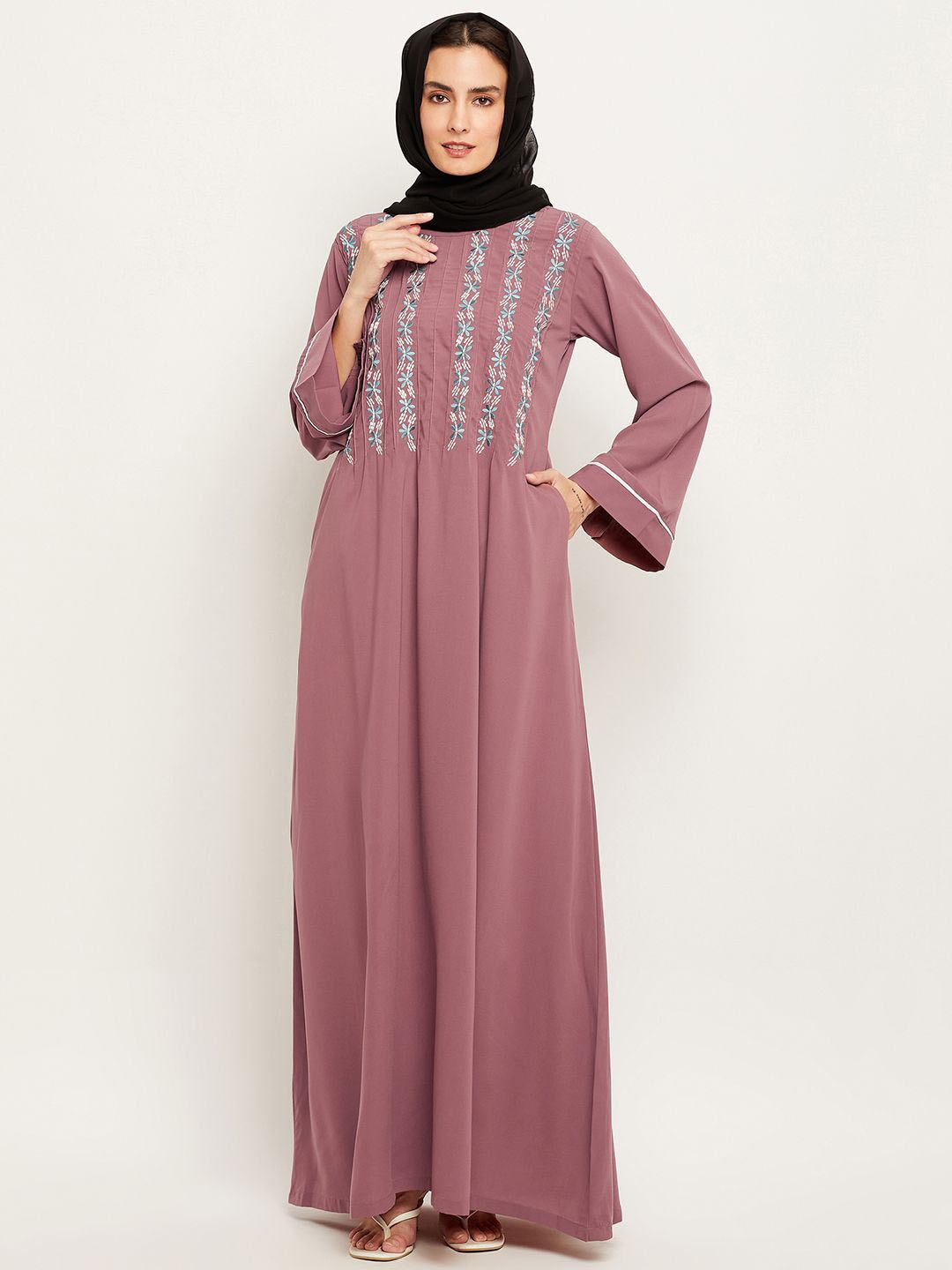 

NABIA Round Neck Embroidered Abaya Burqas, Pink