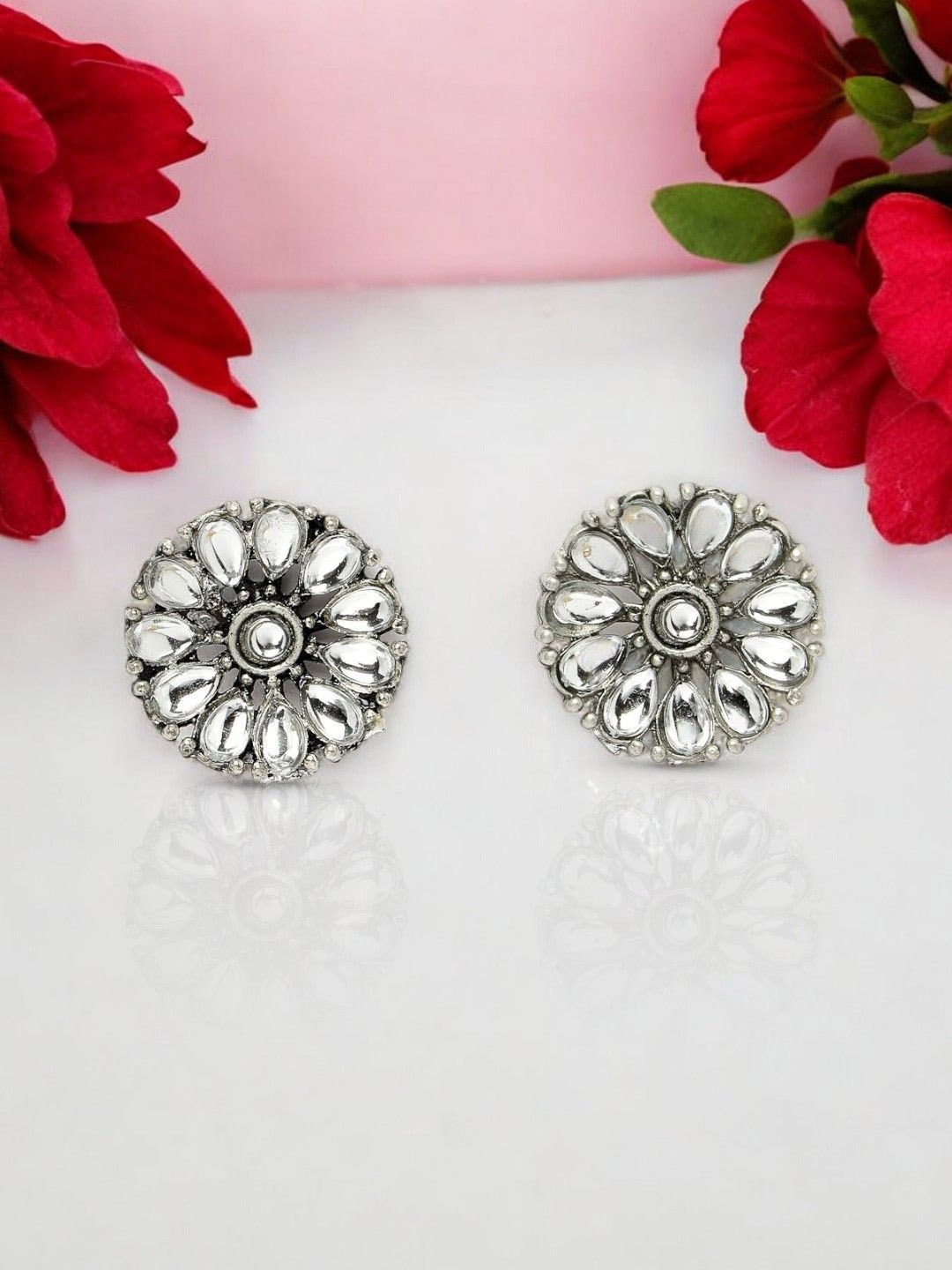 

ADIVA Silver-Plated Floral Kundan Stone-Studded Oxidised Studs