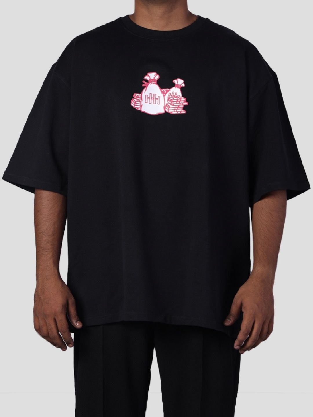 

HOP HEAD Unisex Conversational Printed Drop-Shoulder Sleeves Applique T-shirt, Black
