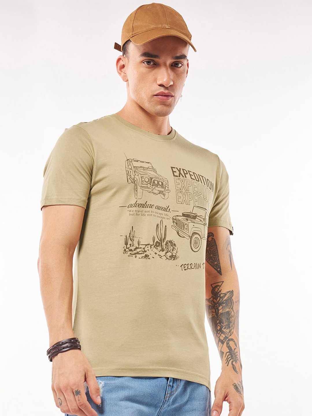 

Bewakoof Men Graphic Printed Round Neck Pure Cotton T-shirt, Brown