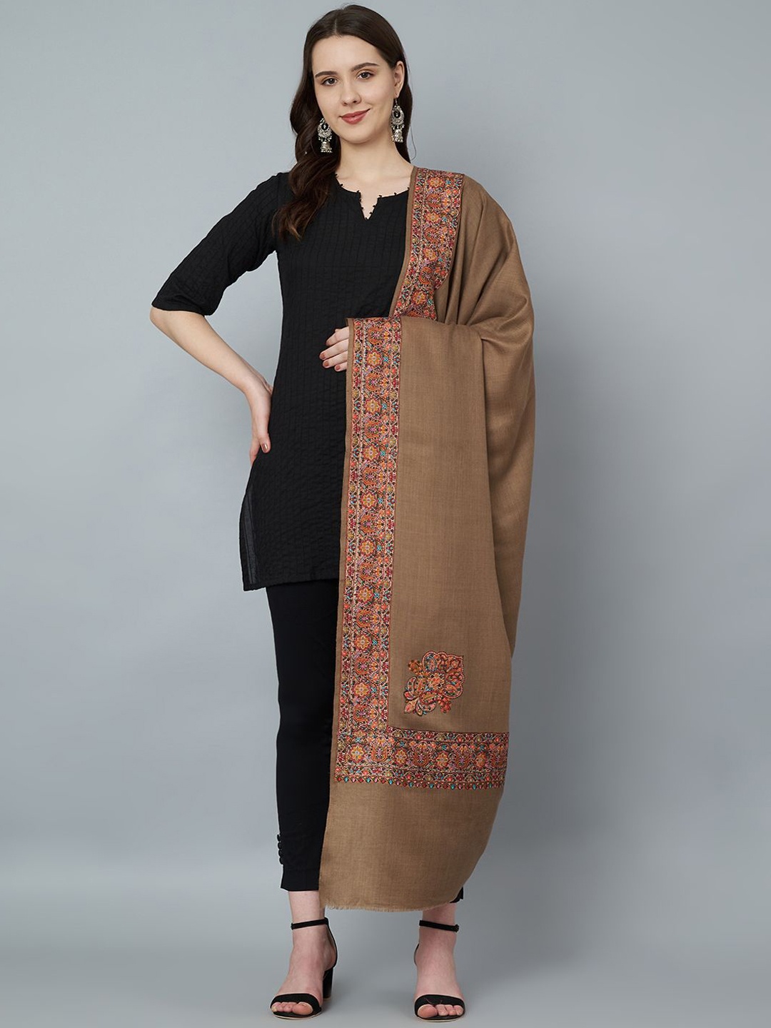 

MUFFLY Women Floral Embroidered Pure Woollen Shawl, Brown