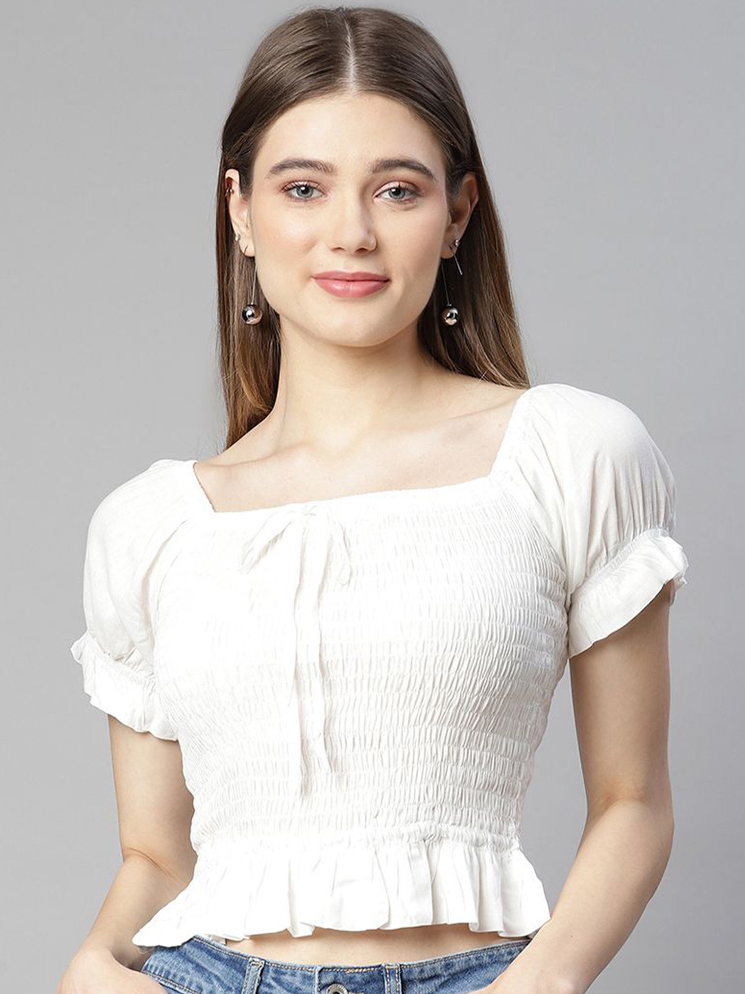 

Global Republic Puff Sleeve Linen Crop Top, White