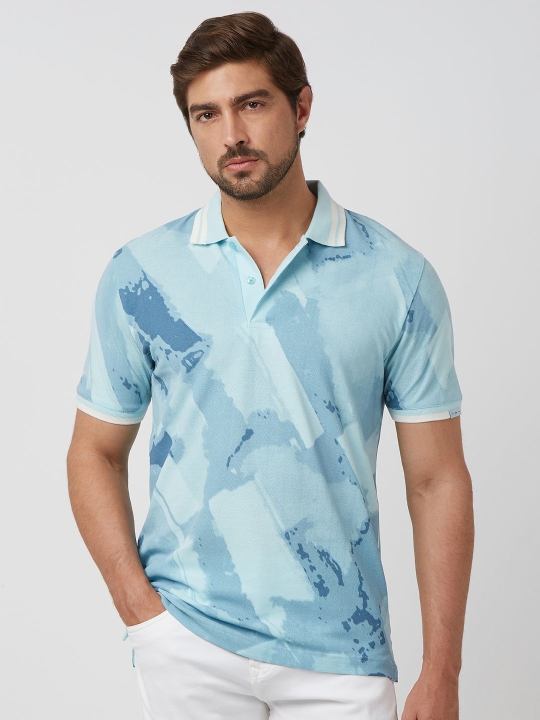 

Mufti Men Abstract Printed Polo Collar Cotton Slim Fit T-shirt, Blue
