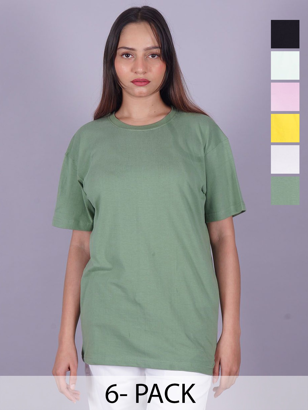 

VYVE Women Pack Of 6 Round Neck Solid T-shirts, Green