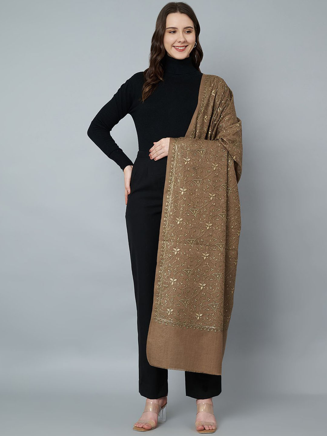 

MUFFLY Women Floral Embroidered Pure Woollen Shawl, Brown