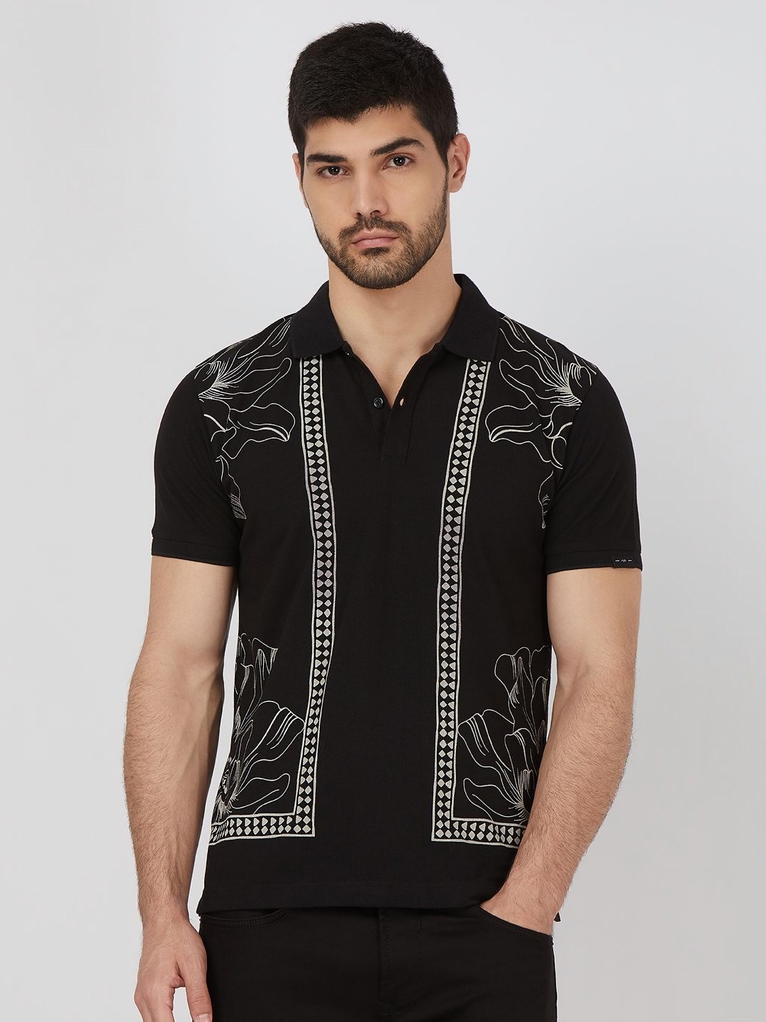 

Mufti Men Floral Printed Polo Collar Cotton Slim Fit T-shirt, Black