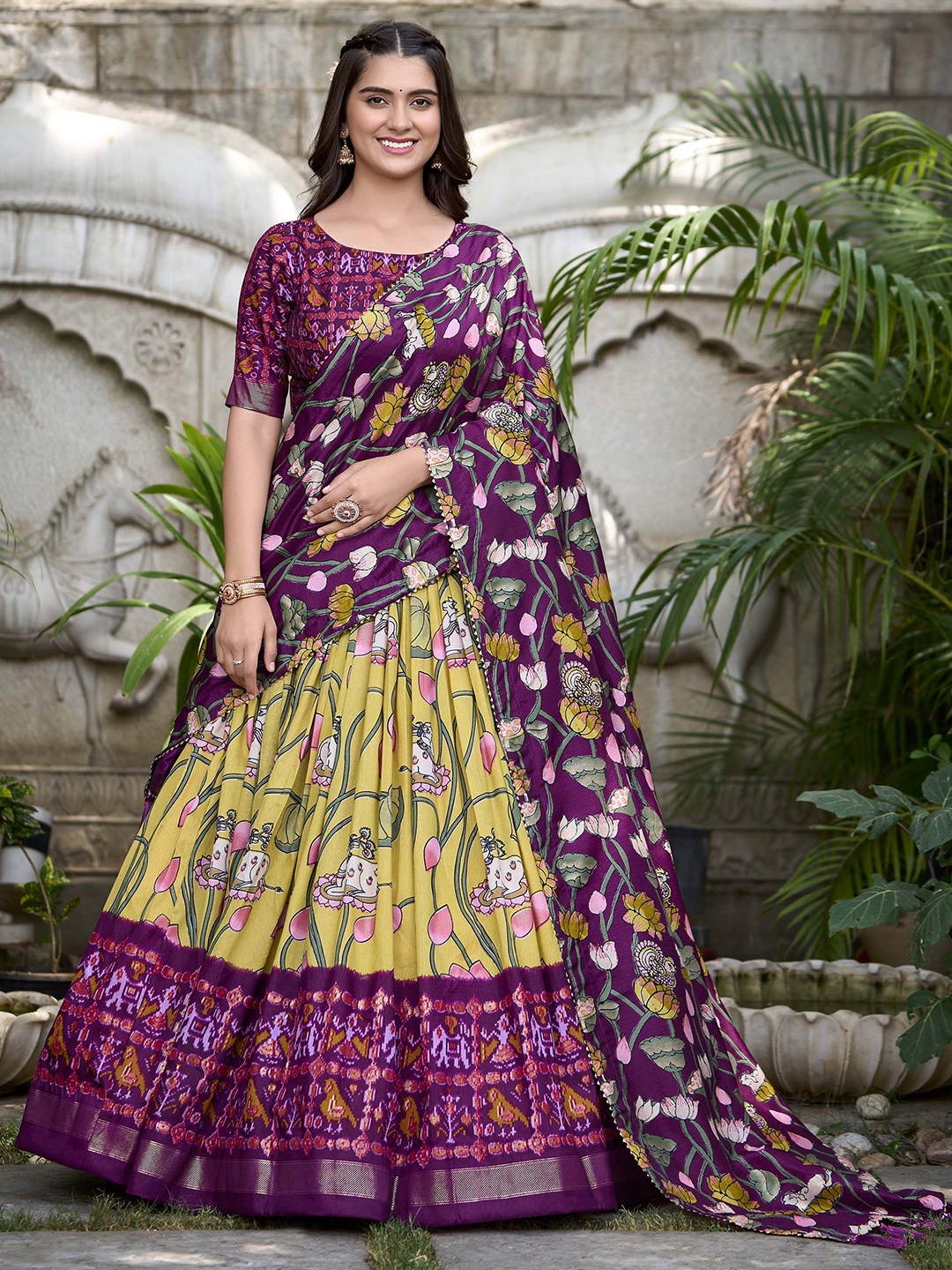 

LOOKNBOOK ART Ethnic Motifs Printed Ready to Wear Lehenga & Unstitched Blouse With Dupatta, Yellow