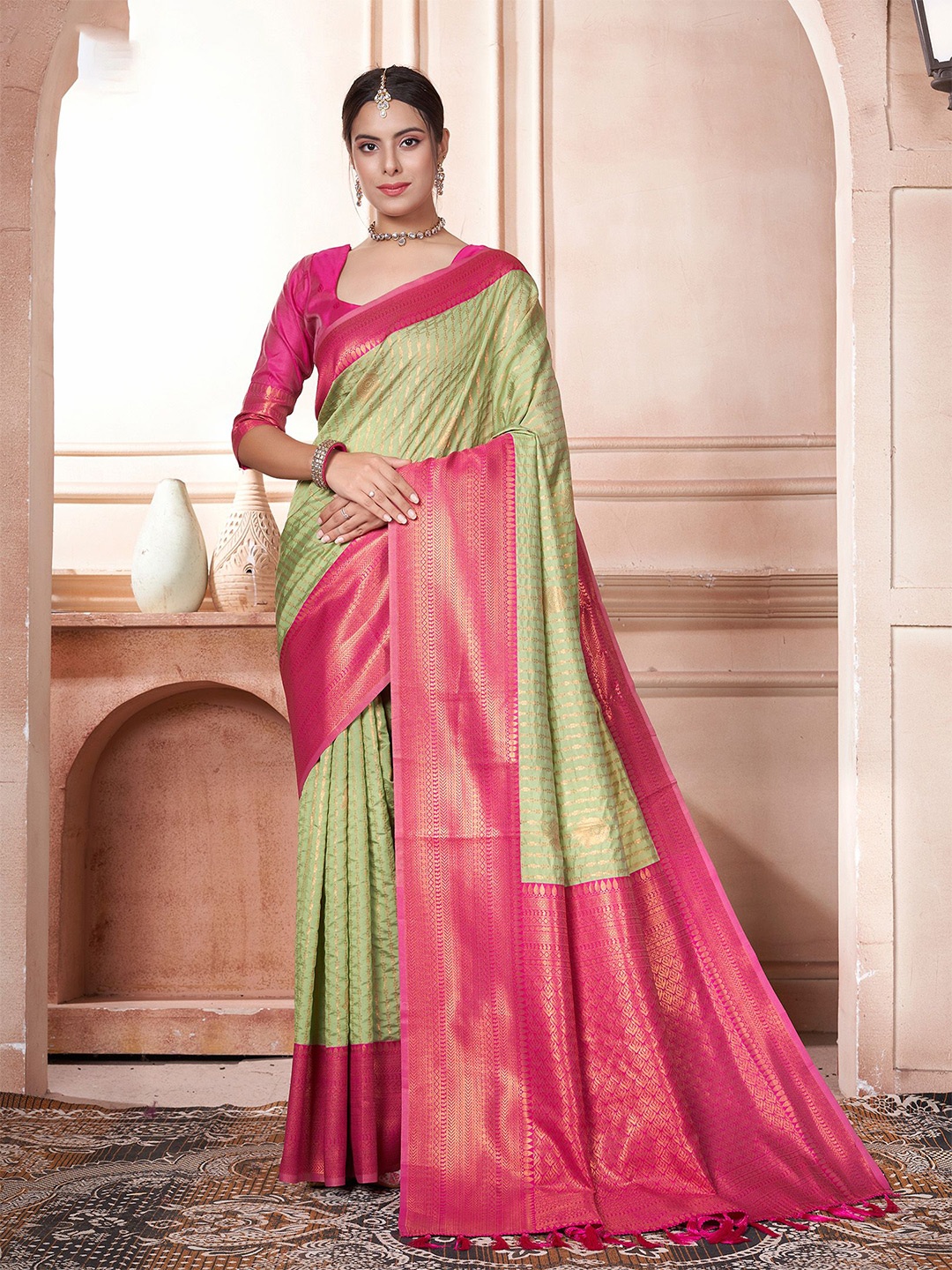 

Anouk Striped Zari Kanjeevaram Saree, Green