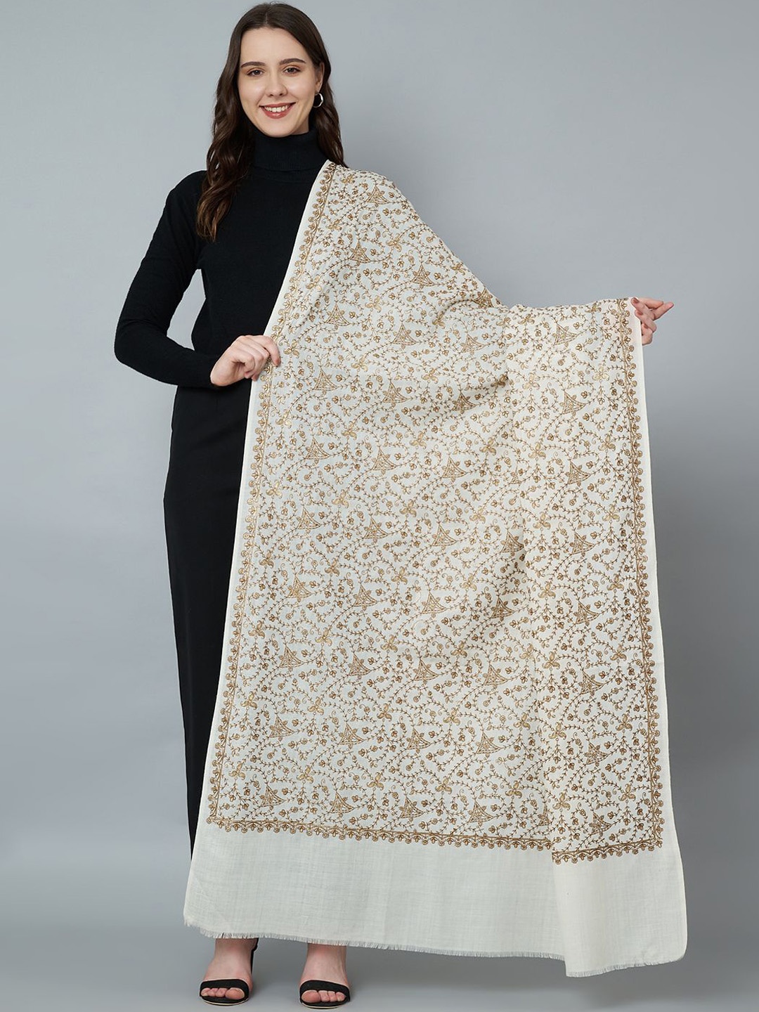 

MUFFLY Women Floral Embroidered Pure Woollen Shawl, White