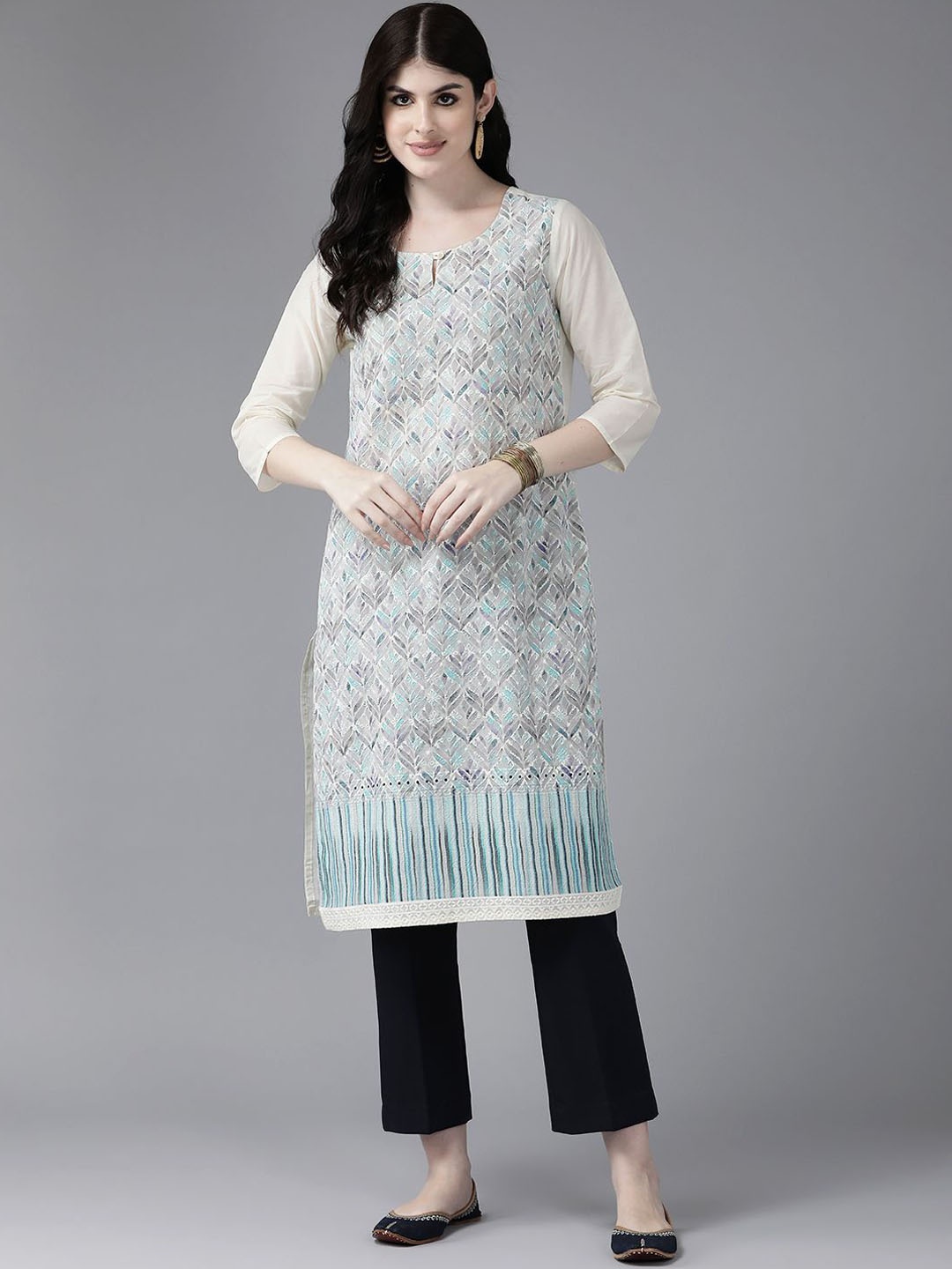 

BAESD Floral Embroidered Thread Work Keyhole Neck Cotton Straight Kurta, Blue