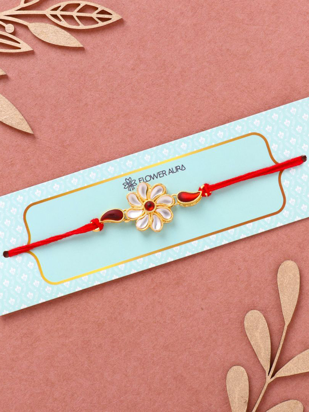 

Floweraura Stone Studded & Beaded Thread Rakhi With Roli Chawal, Red