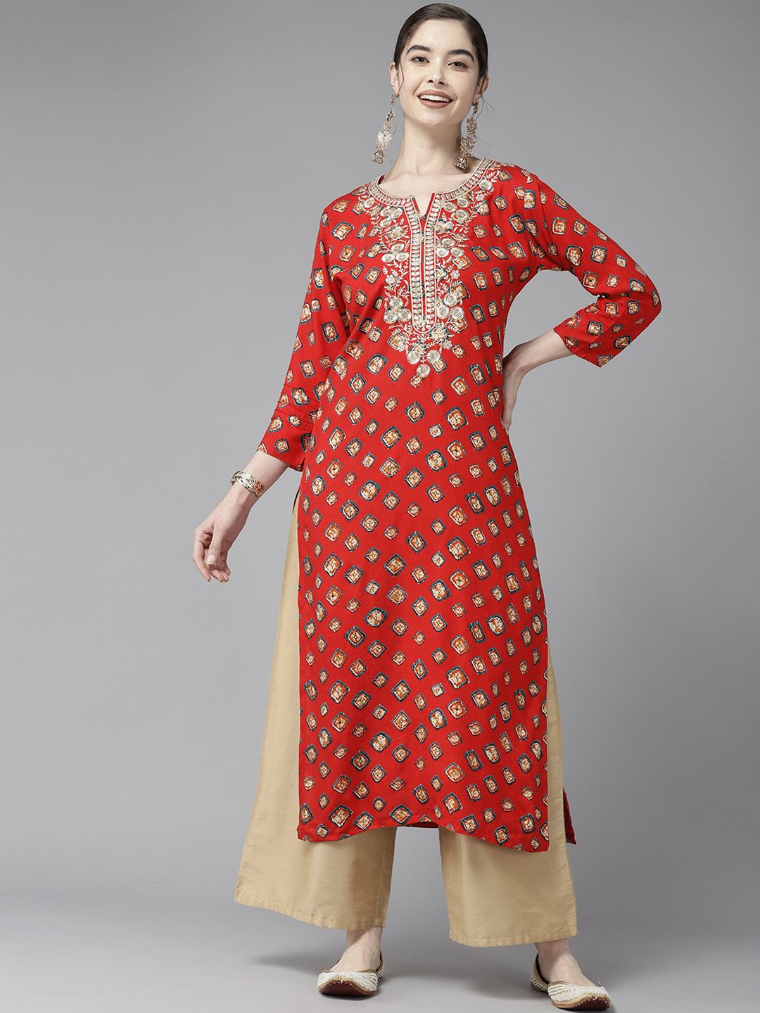 

BAESD Floral Embroidered Thread Work Cotton Straight Kurta, Red