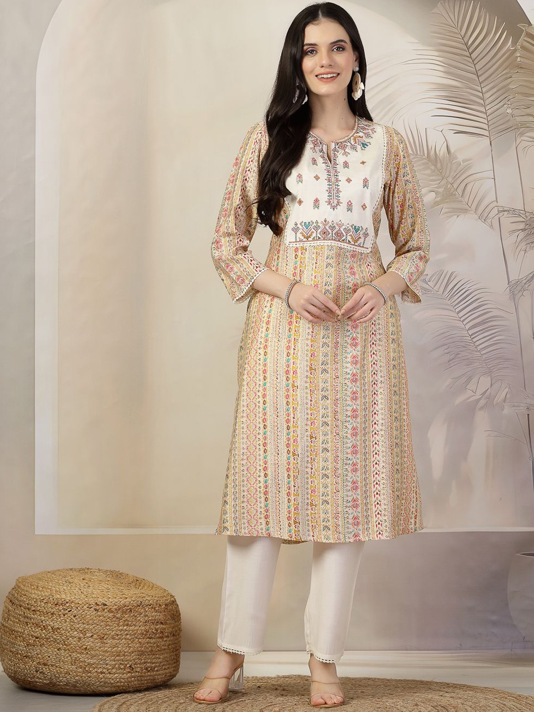 

Nayam By Lakshita Floral Printed Chanderi Cotton A-Line Kurta With Trouser, Mustard