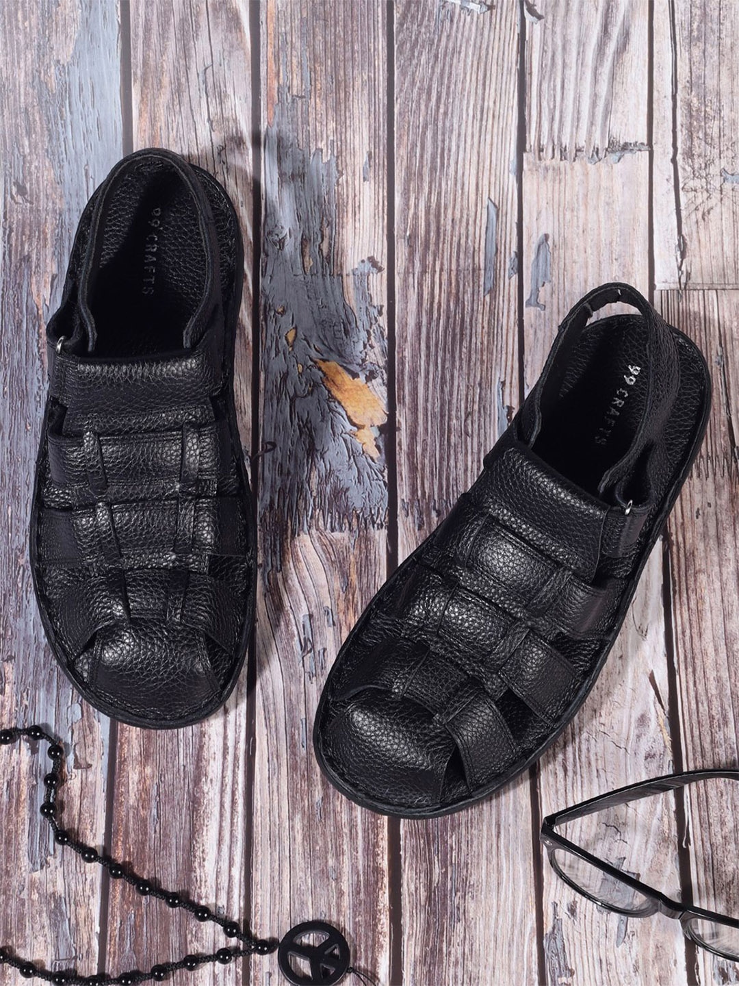 

99CRAFTS Men Leather Comfort Sandals, Black