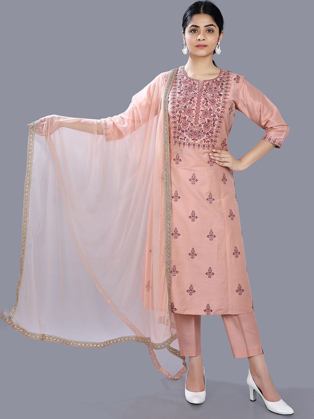 

COTTON CULTURE Women Floral Embroidered Regular Kurta with Churidar & With Dupatta, Peach