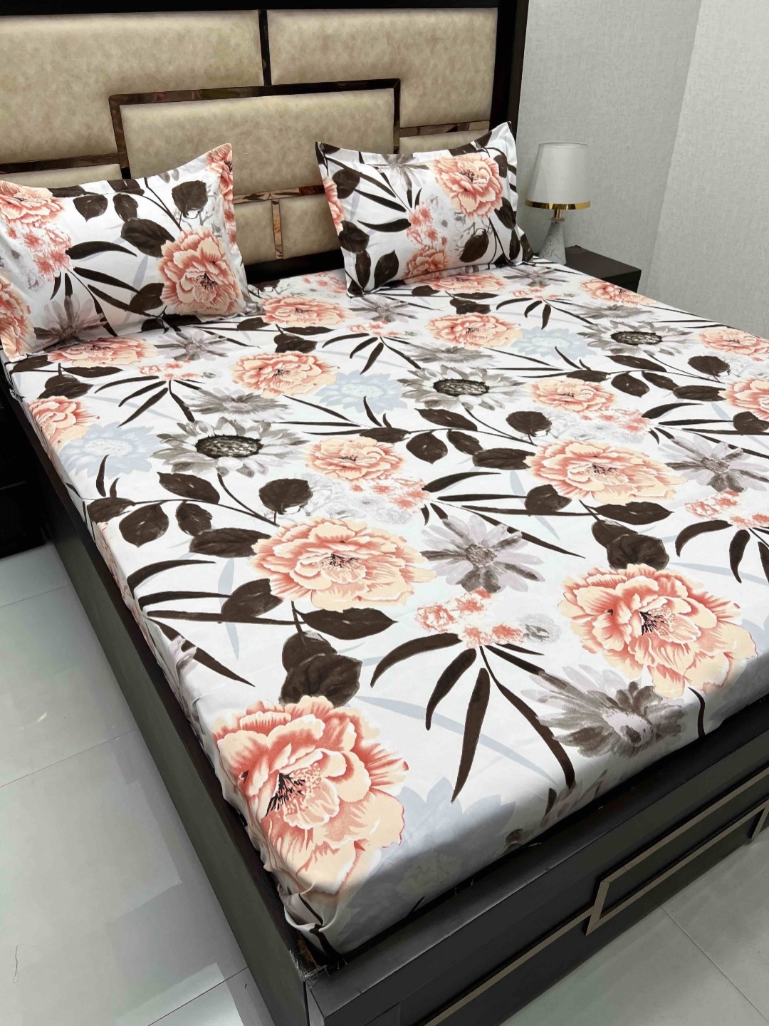 

Pure Decor Amulya White Floral Printed Cotton 300 TC Queen Bedsheet With 2 Pillow Covers