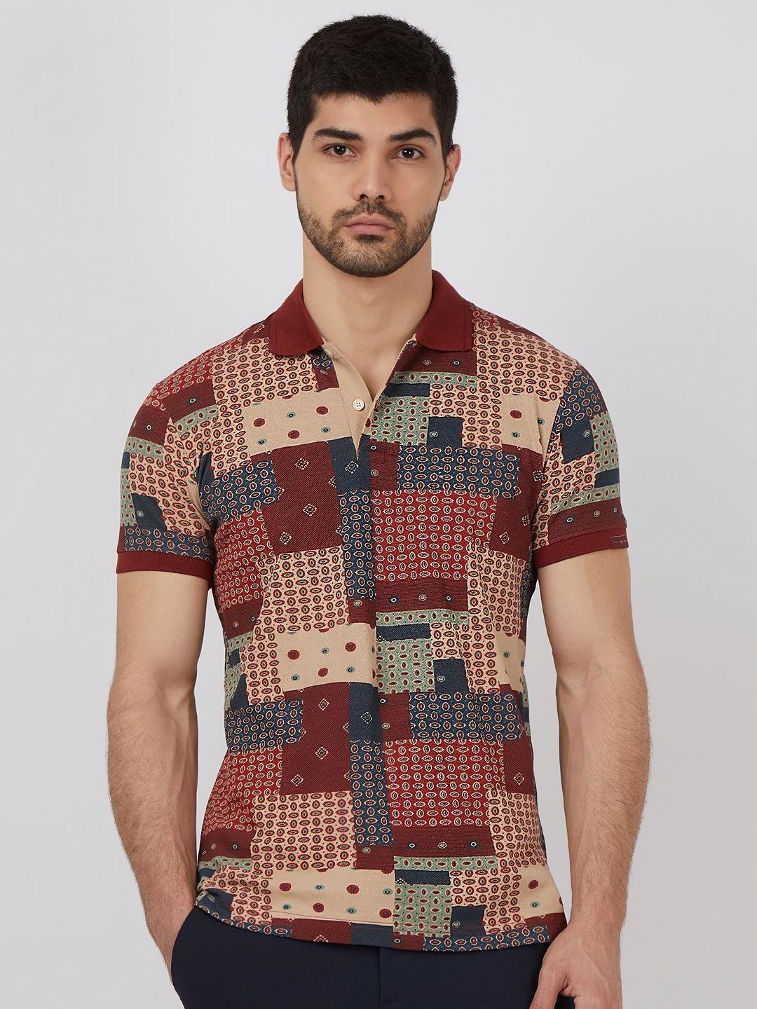 

Mufti Men Abstract Printed Polo Collar Cotton Slim Fit T-shirt, Red