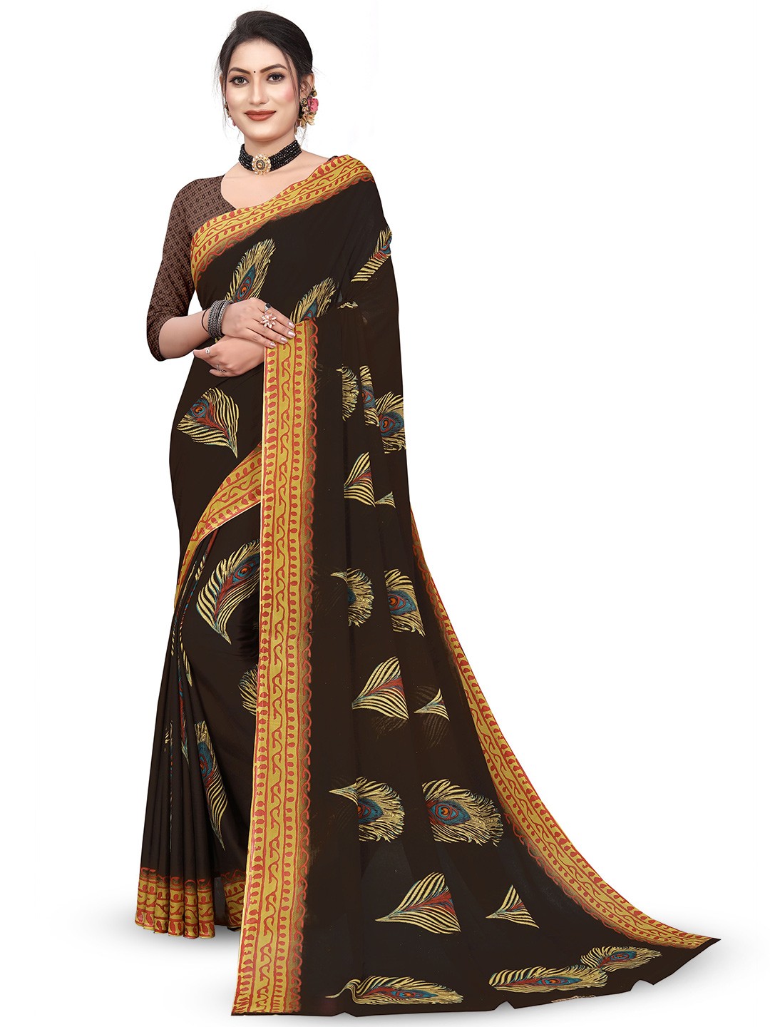 

RUNAYA NX Pure Georgette Ethnic Motifs Festive Saree, Black