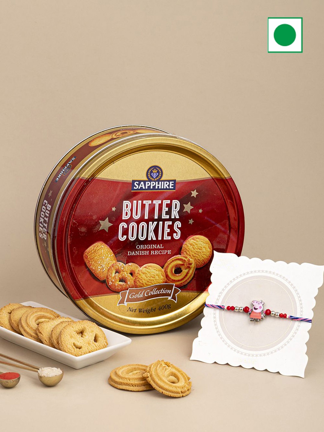 

Hyperfoods 2 Pieces Kids Rakhi With Sapphire Butter Cookies 400gm, Red