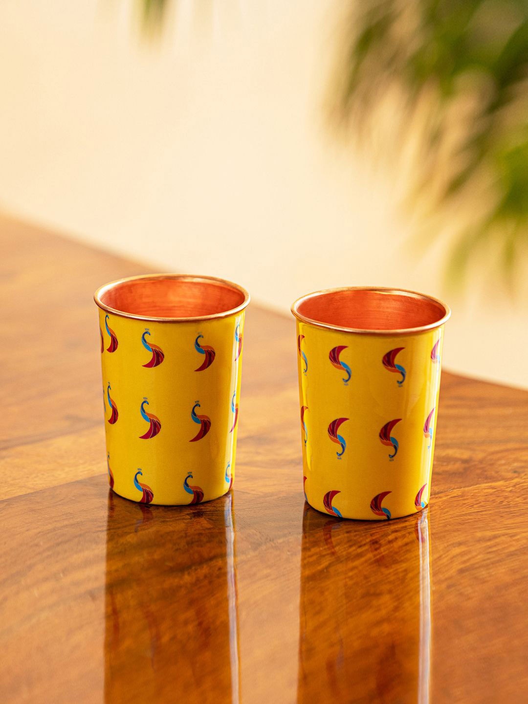 

ExclusiveLane Mustard Yellow 2 Pieces Printed Copper Water Glasses 220 ml Each