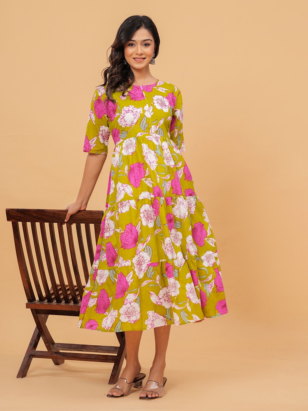 

KALINI Women Floral Print Round Neck A-Line Midi Dress, Multi