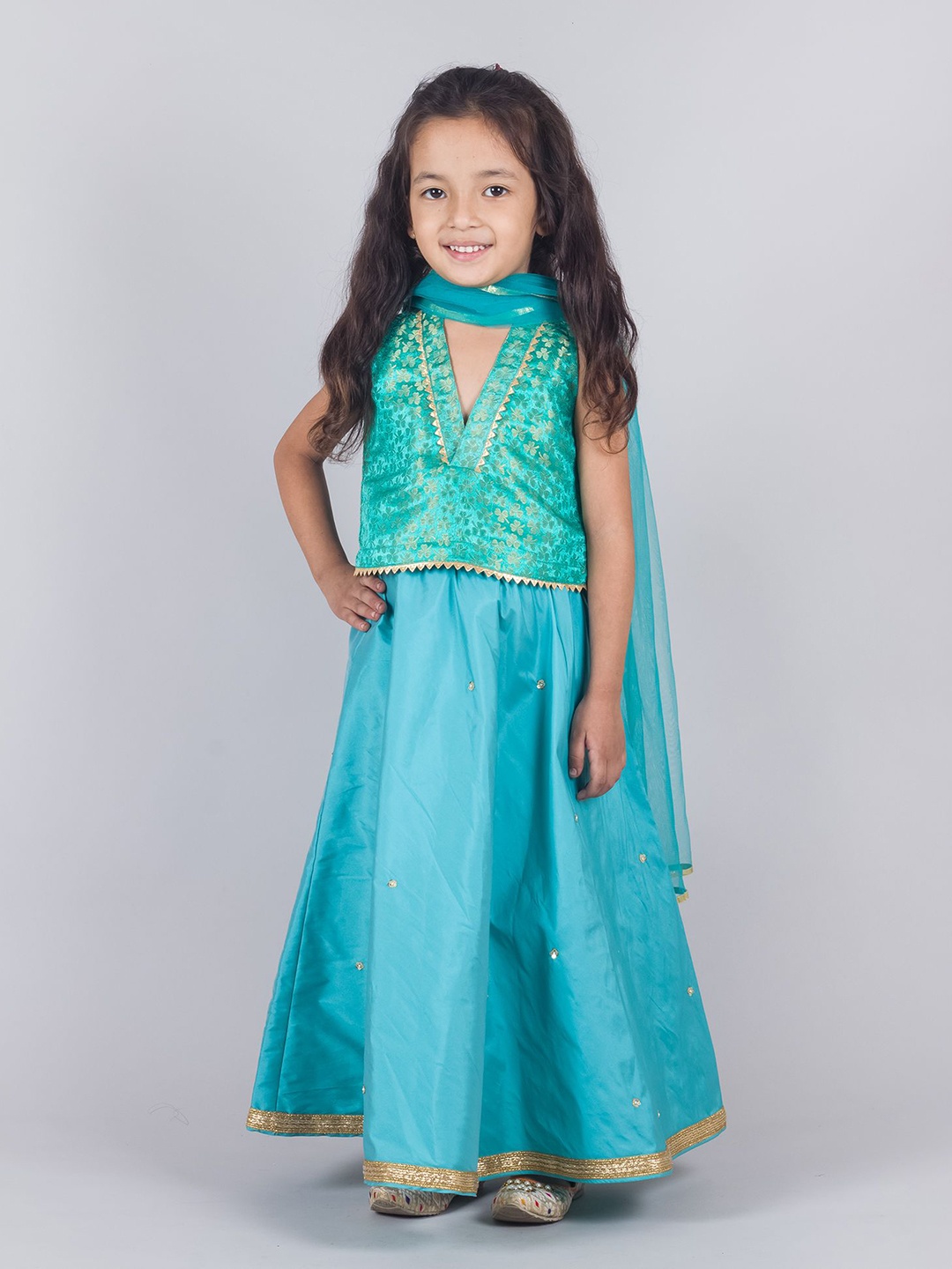 

Tangerine Closet Girls Gotta Patti Ready to Wear Lehenga & Blouse With Dupatta, Sea green