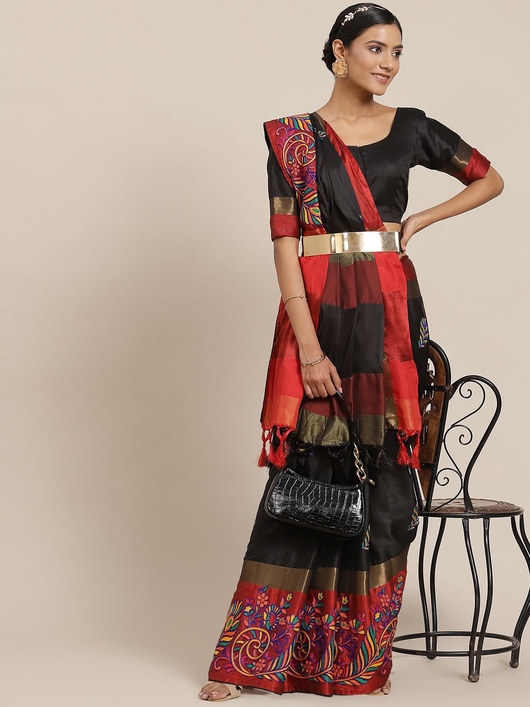 

KALINI Floral Embroidered Saree, Black