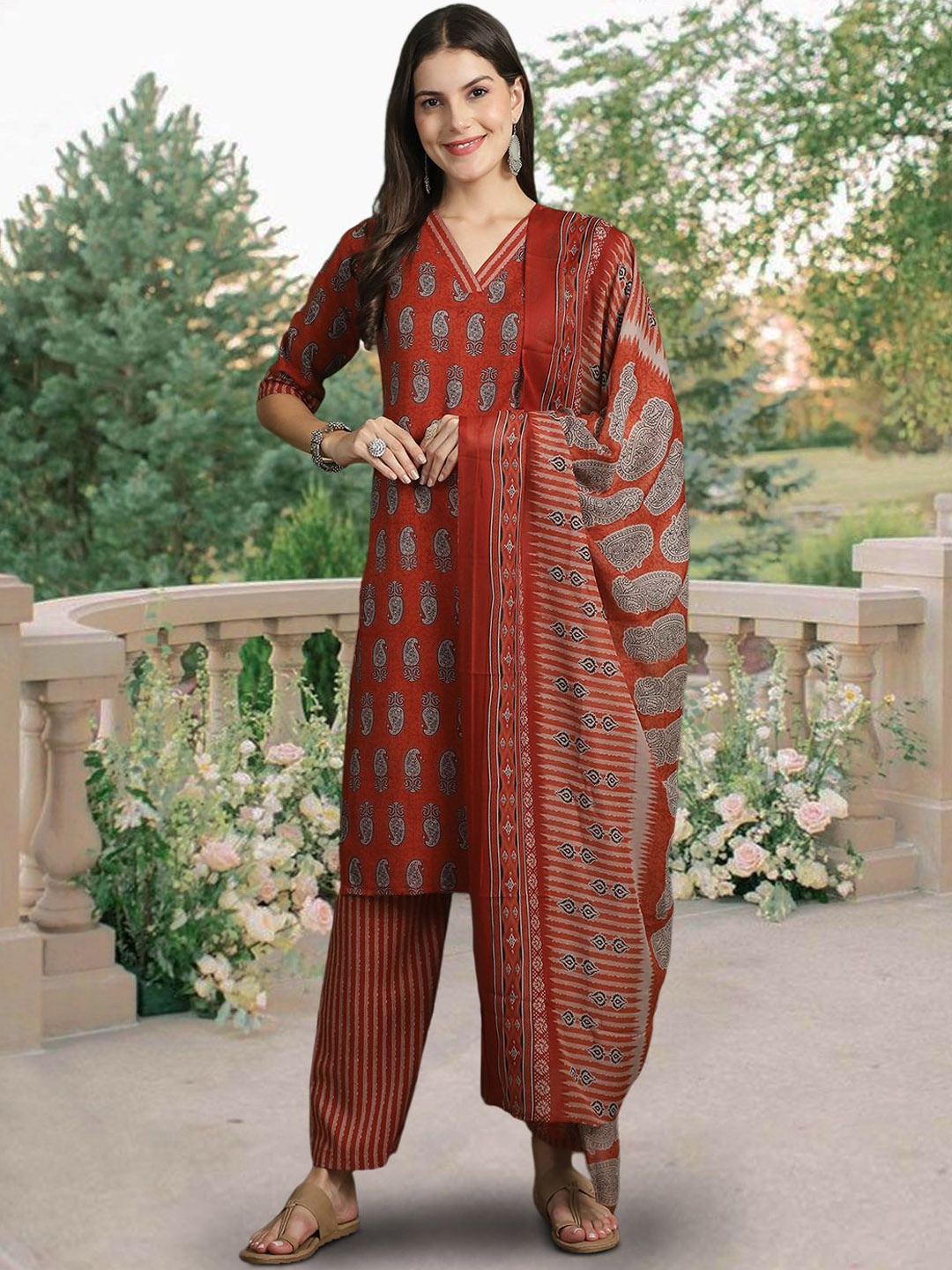 

7Threads Floral Printed V-Neck Pure Cotton Straight Kurta With Trousers & Dupatta, Rust