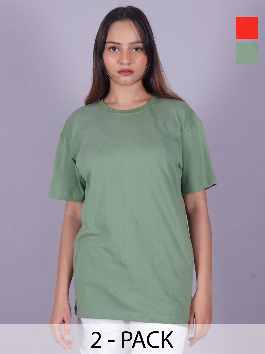 

VYVE Women Pack Of 2 Round Neck Solid T-shirts, Olive