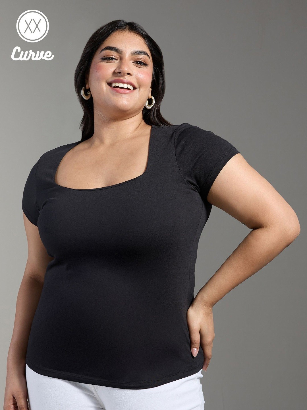 

20Dresses Women Solid Square Neck Cotton Slim Fit T-shirt, Black