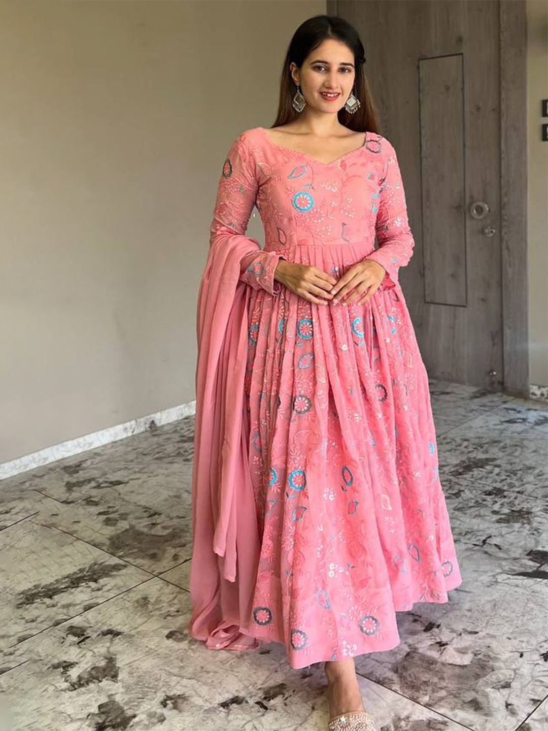 

Fashionuma Embriodery Floral Printed Georgette Maxi Dress With Dupatta, Pink